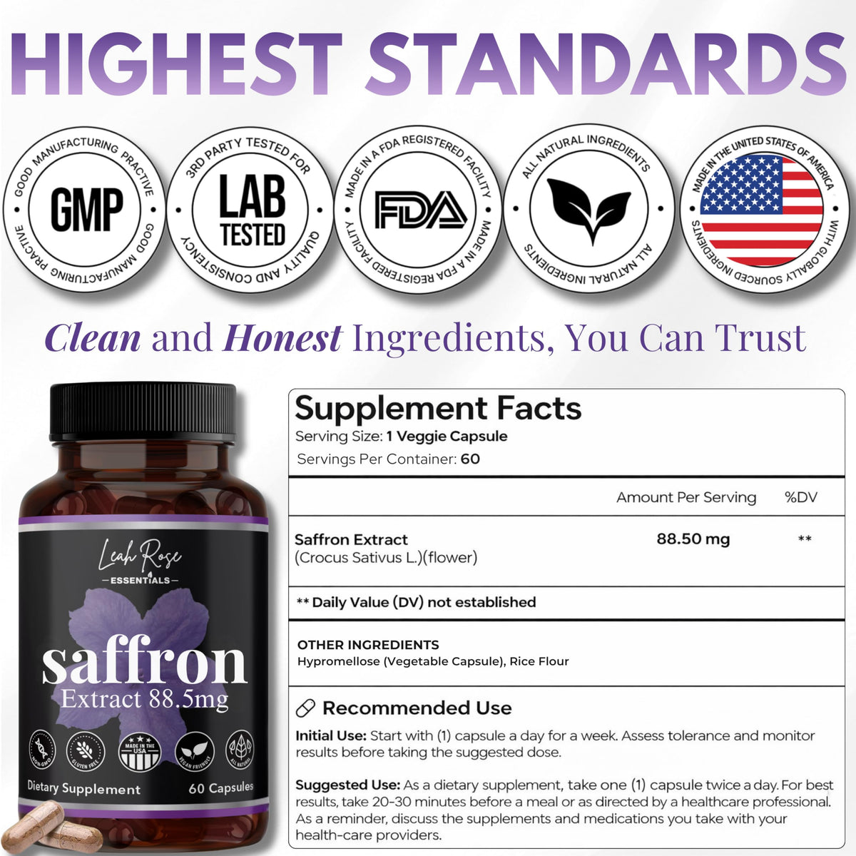 Leah Rose Essentials Saffron Supplement 88.5mg | Mood, Focus, and Stress Support | 60 Premium Saffron Extract Capsules | Made in the USA | 3rd Party Lab Tested | Non-GMO, Vegan, Gluten-Free Leah Rose Essentials buy supplements Au