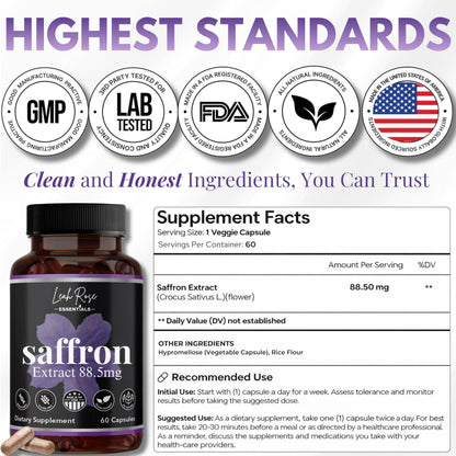 Leah Rose Essentials Saffron Supplement 88.5mg | Mood, Focus, and Stress Support | 60 Premium Saffron Extract Capsules | Made in the USA | 3rd Party Lab Tested | Non-GMO, Vegan, Gluten-Free Leah Rose Essentials buy supplements Au