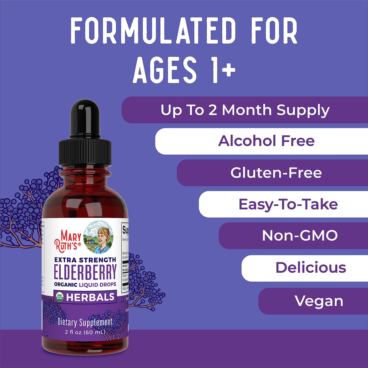 MaryRuth Organics Elderberry Syrup Extra Strength, USDA Organic Elderberry, Sugar Free Adults & Kids Immune Support Supplement for Ages 1+, Clean Label Project Verified®, Vegan, Gluten Free, 2 Fl Oz MARYRUTH'SBuy Supplements Australia
