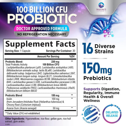 Probiotics 100 Billion CFU - 16 Premium Strains + Prebiotics - Best Probiotics for Women & Men - Supports Immune, Digestive & Gut Health, Supports Occasional Constipation, Gas & Bloating - 30 Capsules Nature's Peak buy supplements Au