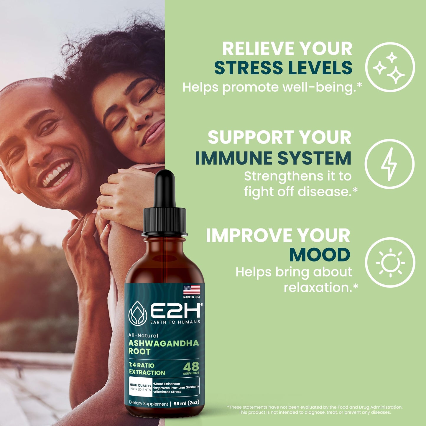 E2H Ashwagandha Liquid Drops - All-Natural Ashwagandha Supplement for Stress Relief and Mood Enhancer- Organic Ashwagandha Root Extract Effective Cortisol Manager | Non-GMO, Vegan | 2 Fl Oz E2H EARTH TO HUMANSBuy Supplements Australia