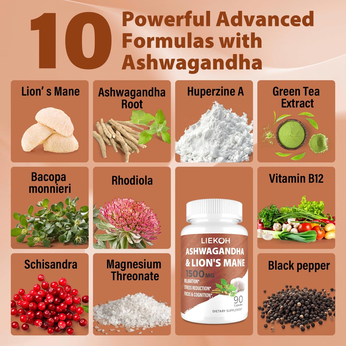 Liekoh Ashwagandha & Lions Mane Supplement Capsules, Brain Supplements for Memory and Focus, Ashwagandha Supplement with Rhodiola & Black Peppe, Cortisol Supplements for Women & Men,90 Caps LiekohBuy Supplements Australia