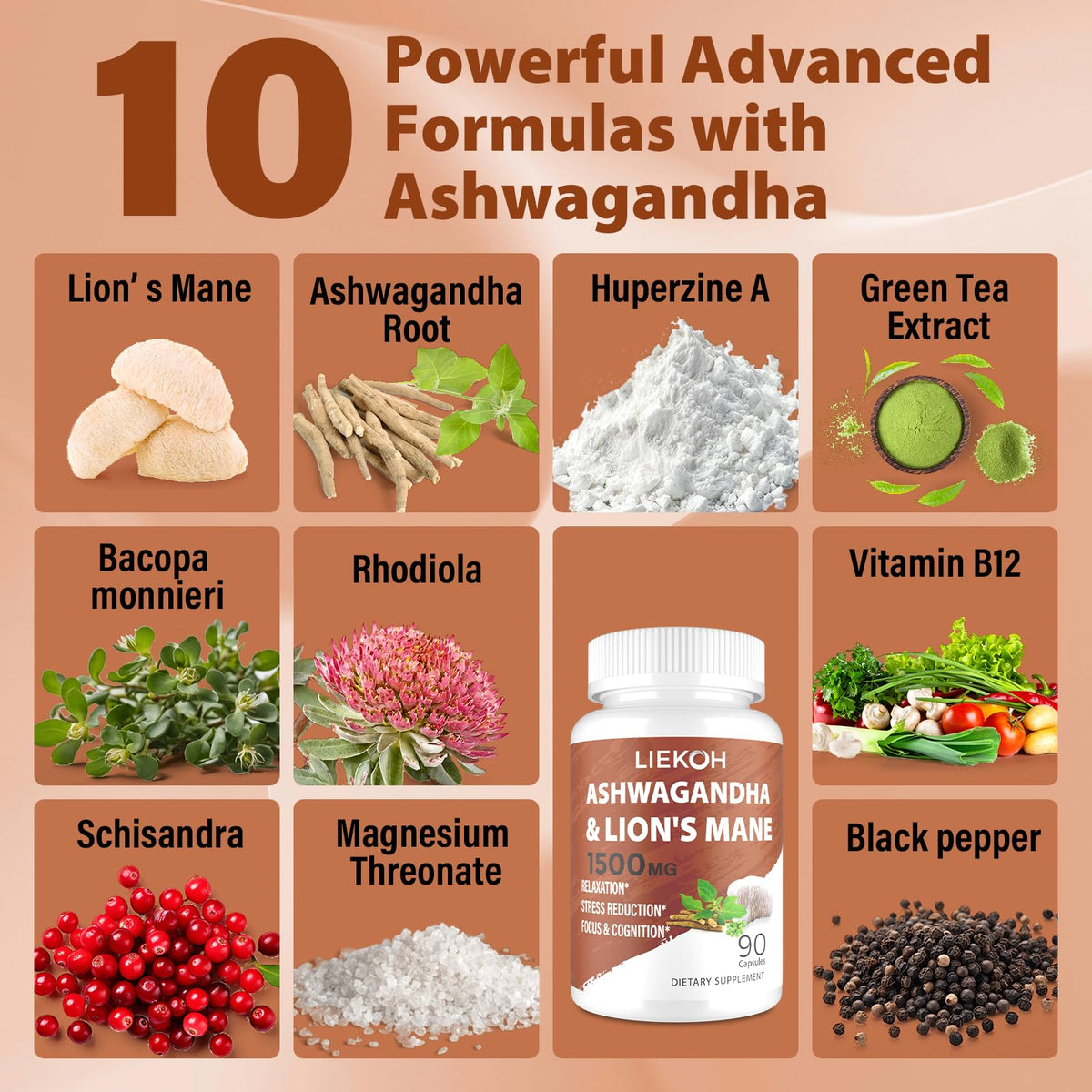 Liekoh Ashwagandha & Lions Mane Supplement Capsules, Brain Supplements for Memory and Focus, Ashwagandha Supplement with Rhodiola & Black Peppe, Cortisol Supplements for Women & Men,90 Caps LiekohBuy Supplements Australia