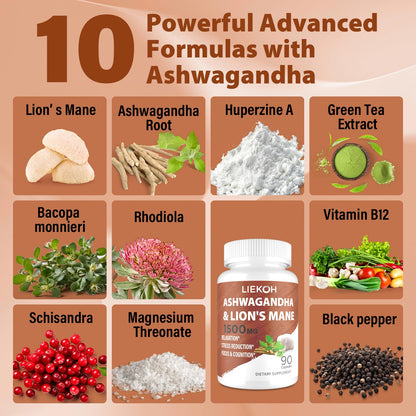 Liekoh Ashwagandha & Lions Mane Supplement Capsules, Brain Supplements for Memory and Focus, Ashwagandha Supplement with Rhodiola & Black Peppe, Cortisol Supplements for Women & Men,90 Caps LiekohBuy Supplements Australia