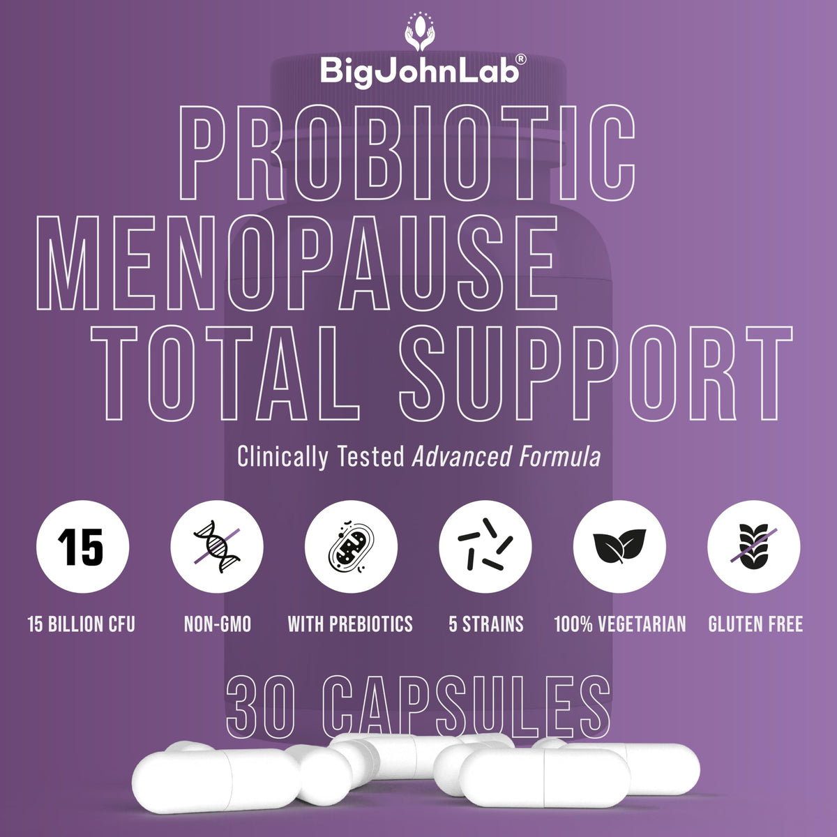 BIGJOHNLAB® - Menopause Total Support – Advanced Probiotic Formula with 5 Strains & 15 Billion CFU, Resveratrol, Black Cohosh, Acacia Fiber, Non-GMO & 100% Vegetarian BIGJOHNLABBuy Supplements Australia