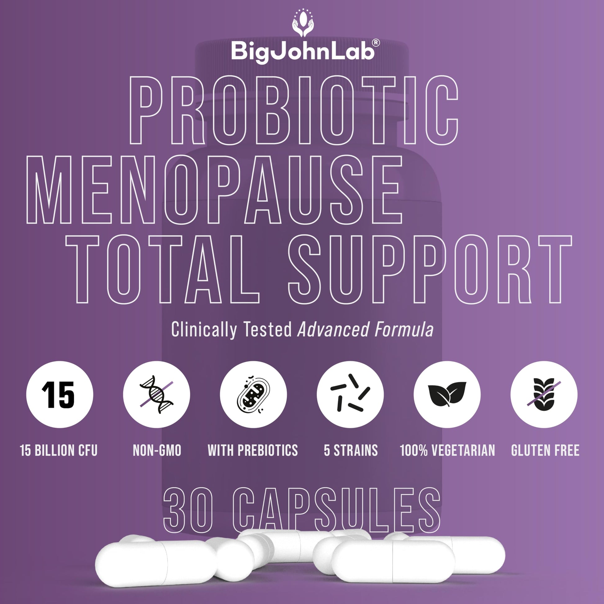 BIGJOHNLAB® - Menopause Total Support – Advanced Probiotic Formula with 5 Strains & 15 Billion CFU, Resveratrol, Black Cohosh, Acacia Fiber, Non-GMO & 100% Vegetarian BIGJOHNLABBuy Supplements Australia