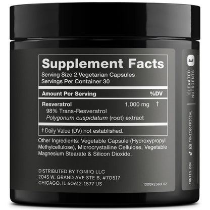 Ultra High Potency Third-Party Tested Trans Resveratrol 1000mg - 98% Pure, Highly Purified and Bioavailable - Resveratrol Polygonum Root Extract - 60 Capsules Toniiq buy supplements Au