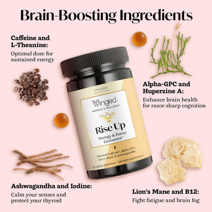 Winged Wellness Rise Up, Energy & Focus Gummies for Women - Daily Brain Boost Gummy Supplement with Natural Caffeine, Ashwagandha, B12, Nootropics Alpha-GPC & Lion’s Mane - Pineapple, 60 Gummies Winged WellnessBuy Supplements Australia