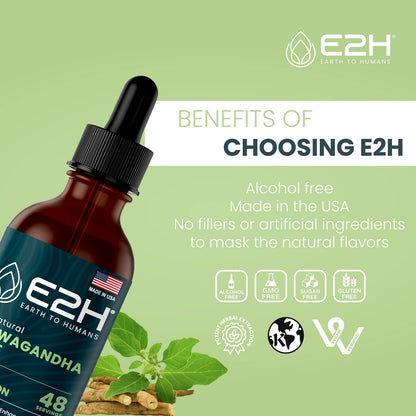 E2H Ashwagandha Liquid Drops - All-Natural Ashwagandha Supplement for Stress Relief and Mood Enhancer- Organic Ashwagandha Root Extract Effective Cortisol Manager | Non-GMO, Vegan | 2 Fl Oz E2H EARTH TO HUMANSBuy Supplements Australia