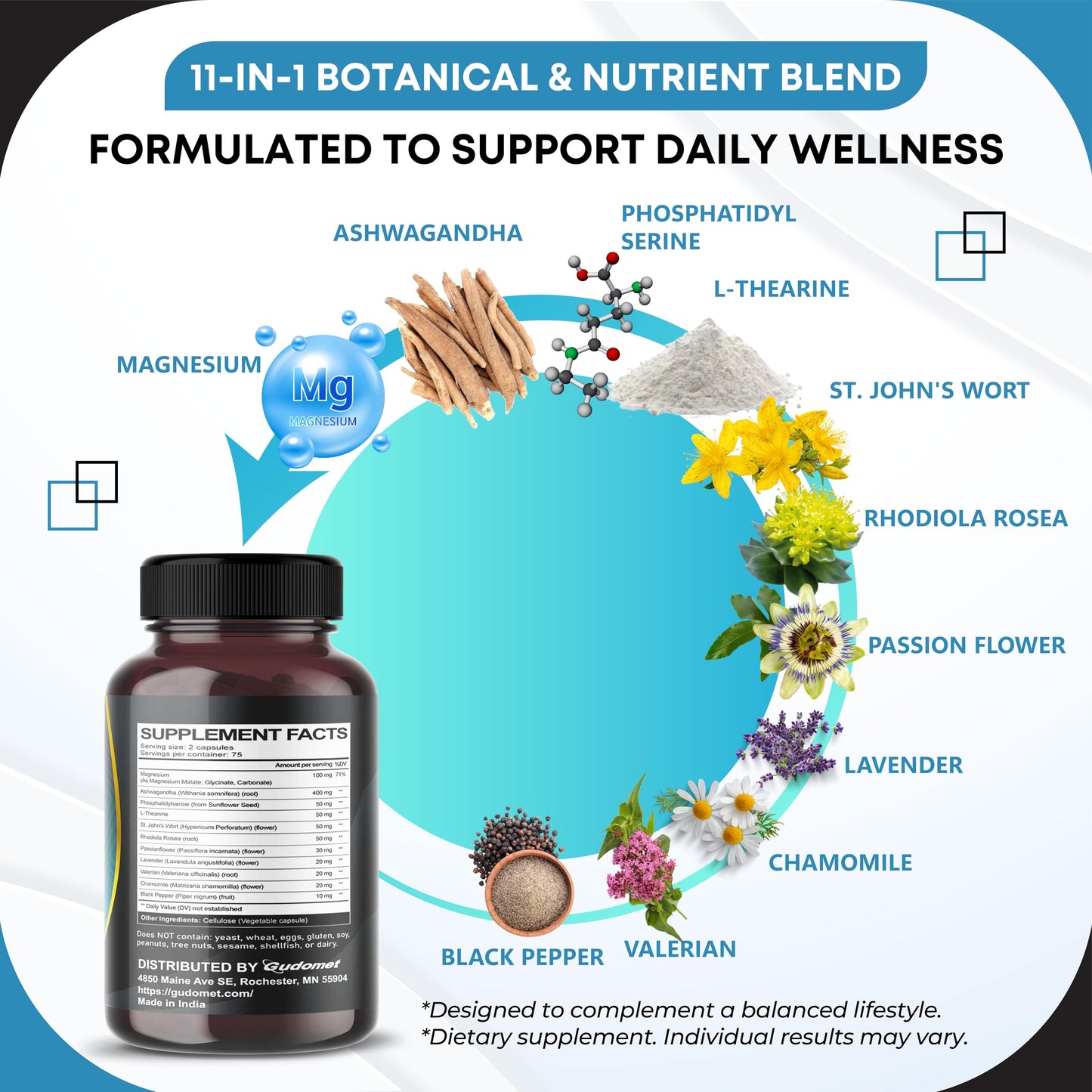 GUDOMET CORTISOL Wellness Magnesium Ashwagandha L-Theanine Phosphatidylserine Rhodiola Rosea Passionflower Lavender Chamomile -150 Capsules GUDOMETBuy Supplements Australia