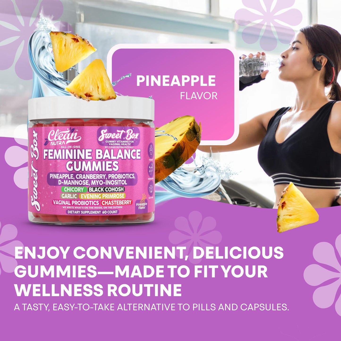 Clean Nutra Feminine Balance Gummies for Women Pineapple VaginalProbiotics pH Balance Cranberry D Mannose Supplement Inositol Black Cohosh Evening Primrose Garlic Vitex GLA Prebiotics Folate 60ct Clean NutraceuticalsBuy Supplements Australia