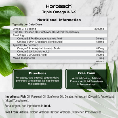 Omega 3 6 9 Capsules High Strength | 3000mg | 120 Softgels | Triple Omega 369 HorbäachBuy Supplements Australia