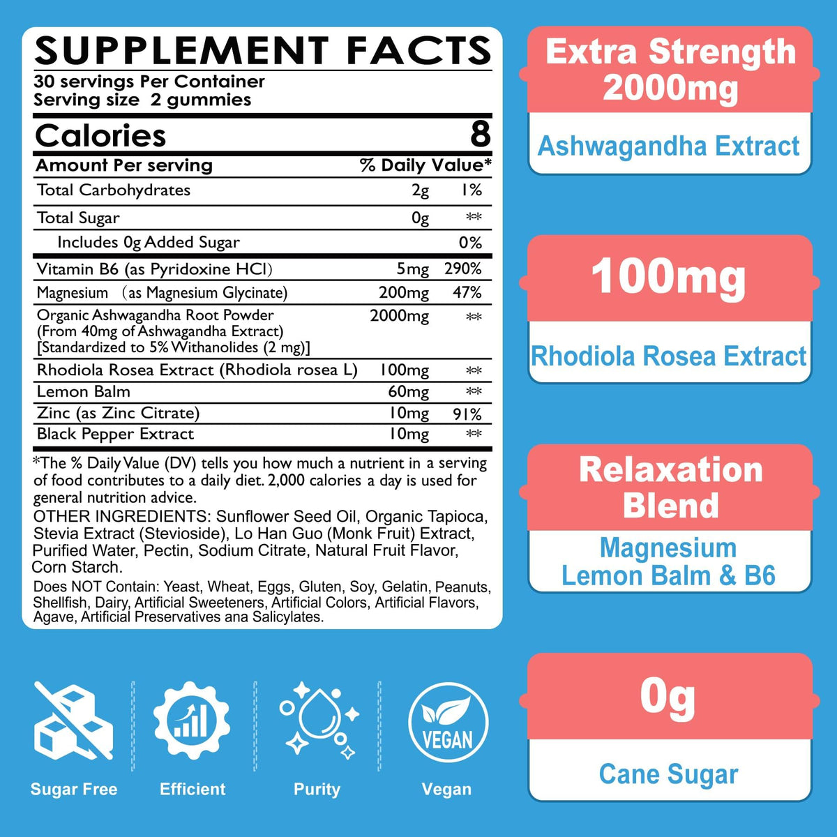 Sugar Free Ashwagandha Gummies - with Magnesium Glycinate, Rhodiola Rosea, Zinc, Lemon Balm, B6 - Relaxation Support, Natural Zzz, Stamina, Energy for Men Women - 60 Counts NEVISSBuy Supplements Australia