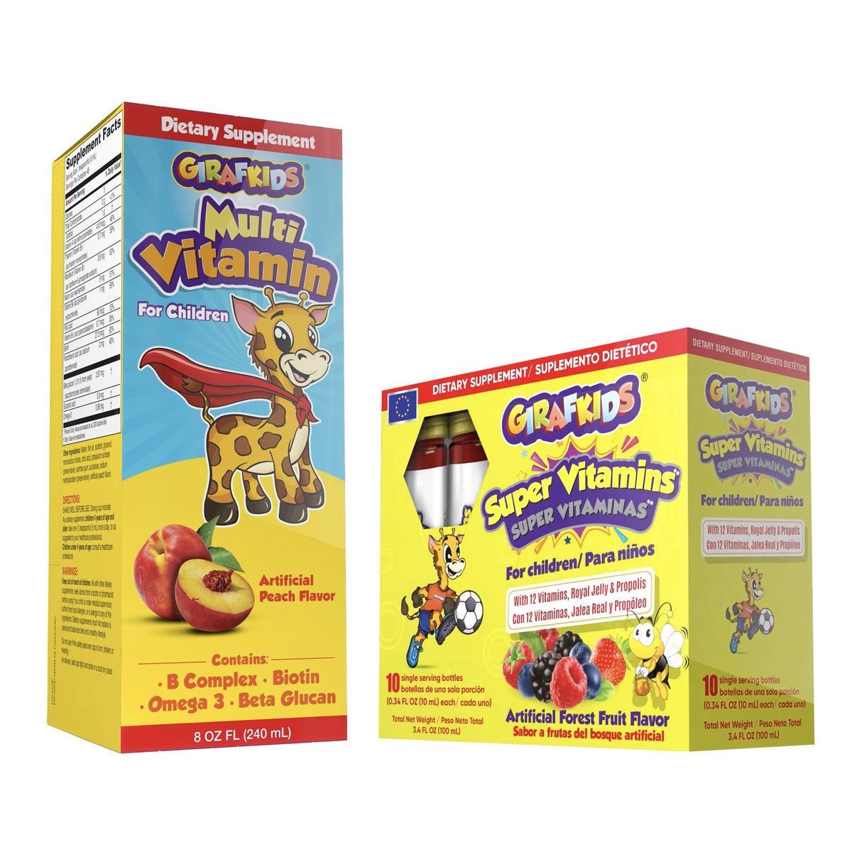 GirafKids Multivitamin Syrup + Super Vitamins Liquid Bundle for Kids Ages 4+ | Omega-3, Beta Glucan, Royal Jelly & Propolis | PHARMADELBuy Supplements Australia