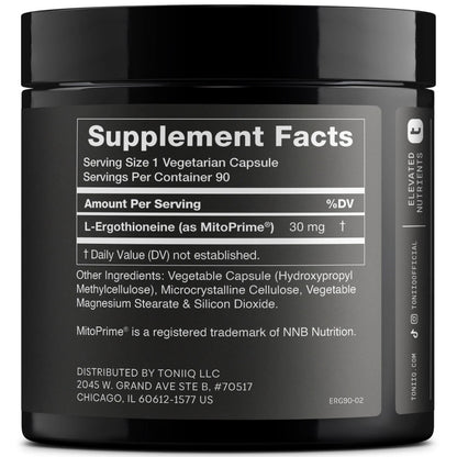 Ergothioneine with Clinically Studied MitoPrime® - High Potency 30mg with 98% Purity - Fermentation-Based L Ergothioneine Supplement - Longevity and Immune Support - Third-Party Tested, 90 Capsules Toniiq buy supplements Au