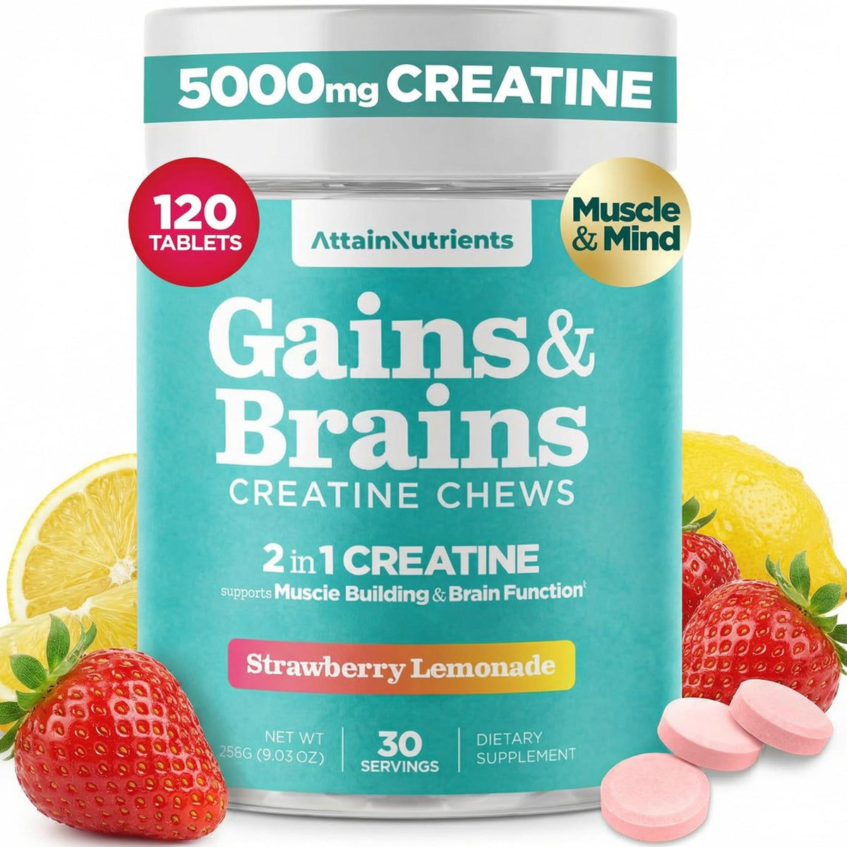 Creatine Chews - 5000mg Creatine Monohydrate Tablets for Men & Women with Ashwagandha KSM-66 - Low Sugar Muscle Support & Cognitive Boost - Gummy Alternative - 120 Count (Strawberry Lemonade) Attain NutrientsBuy Supplements Australia