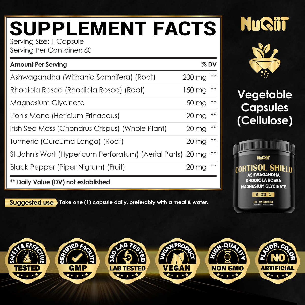 8in1 Cortisol Shield - Ashwagandha and Magnesium, Rhodiola Rosea, Lions Mane, Sea Moss, Turmeric, St Jonh's Wort - Mind& Mood Balance, Rest Well, Support Immume - 60 Capsules NUQIITBuy Supplements Australia
