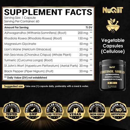 8in1 Cortisol Shield - Ashwagandha and Magnesium, Rhodiola Rosea, Lions Mane, Sea Moss, Turmeric, St Jonh's Wort - Mind& Mood Balance, Rest Well, Support Immume - 60 Capsules NUQIITBuy Supplements Australia