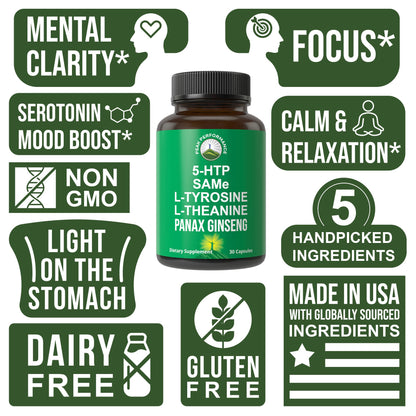 Peak Performance Mood Support Supplement with 5 Top Ingredients: 5HTP, SAM e, L Tyrosine, L Theanine, and Panax Ginseng. Calm, Focus, Relaxation Supplements. Vegan Peak PerformanceBuy Supplements Australia