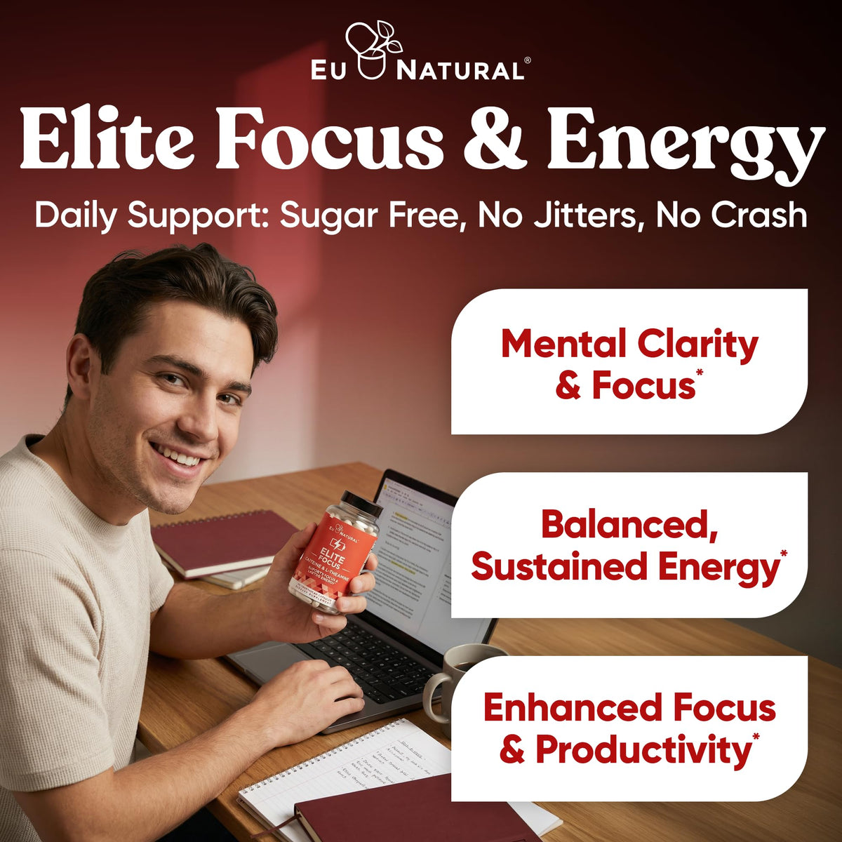 Eu Natural Elite Caffeine Pills with L-Theanine - 100mg Caffeine + 200mg L-Theanine - Jitter-Free Focused Energy & Clean Nootropic Stack - 240 Soft Capsules Eu NaturalBuy Supplements Australia