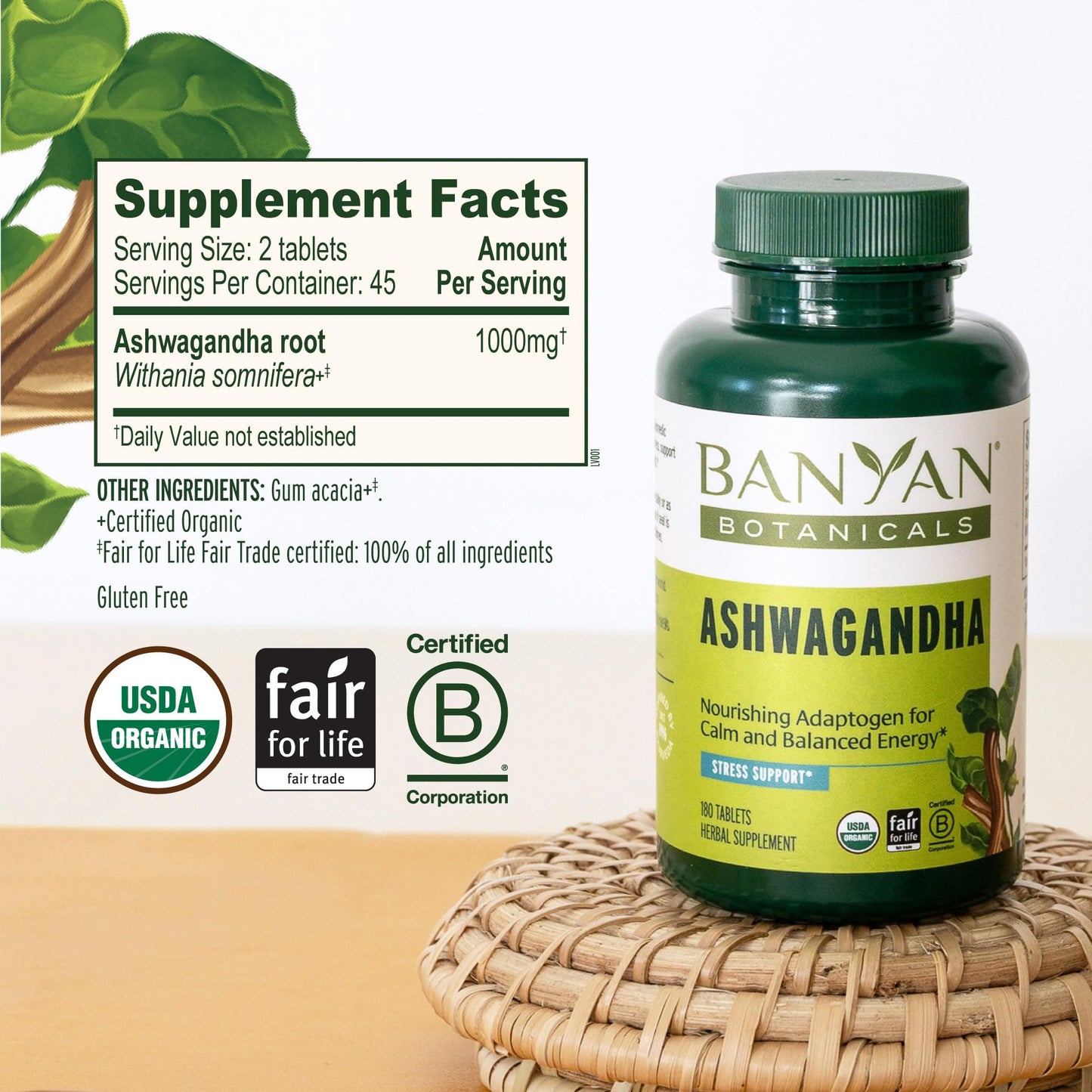 Banyan Botanicals Organic Ashwagandha - 1000mg per Serving - Cortisol Manager & Stress Relief Supplement - Adrenal Support for Mood, Restful Sleep & Muscle Recovery - 180 Tablets - Non-GMO, Vegan* Banyan BotanicalsBuy Supplements Australia