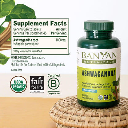 Banyan Botanicals Organic Ashwagandha - 1000mg per Serving - Cortisol Manager & Stress Relief Supplement - Adrenal Support for Mood, Restful Sleep & Muscle Recovery - 180 Tablets - Non-GMO, Vegan* Banyan BotanicalsBuy Supplements Australia