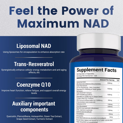 NAD+ Supplement 8,809mg with Liposomal NAD and Resveratrol for Women & Men - 120 Capsules to Support Cellular Health, Boost Stamina & Healthy Aging, Vegan & Gluten-Free Maximum NADBuy Supplements Australia