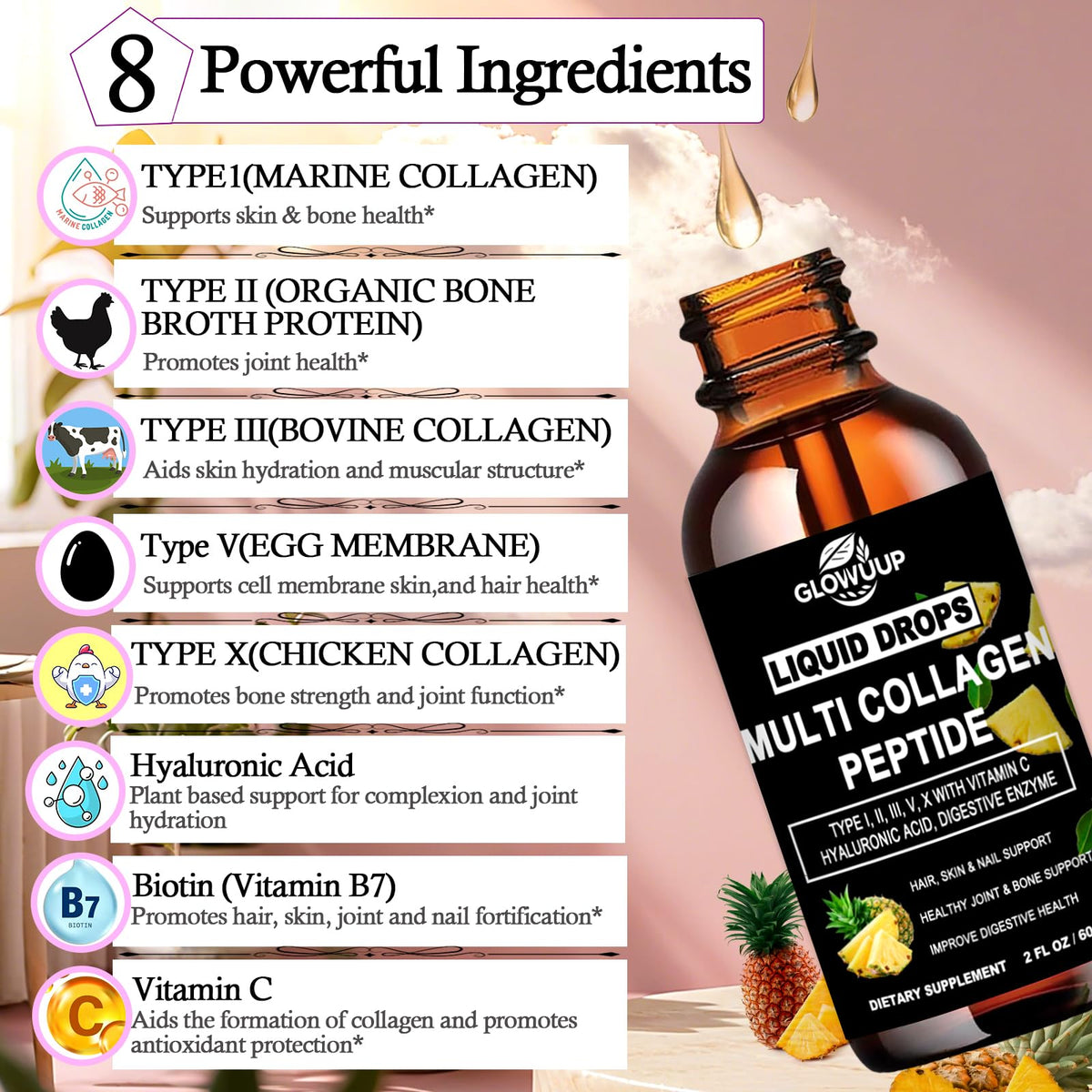 Multi Collagen Peptides Liquid Drops for Women & Men-Type I, II, III, V, X丨Hydrolyzed Collagen Peptides, Collagen Proteins W. Hyaluronic Acid, Biotin & Vitamin C for Hair Skin & Joint Gut Health GLOVVUUPBuy Supplements Australia
