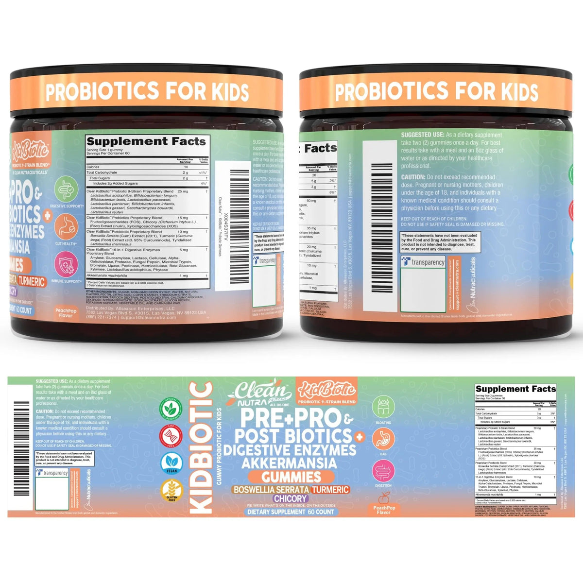 Clean Nutra Kids Probiotics Gummies with Prebiotics, Postbiotics, Digestive Enzymes, Akkermansia, Boswellia Serrata, Turmeric, Chicory – 60 Count – Plant-Based Supplement for Kids – PeachPop Flavor Clean NutraceuticalsBuy Supplements Australia