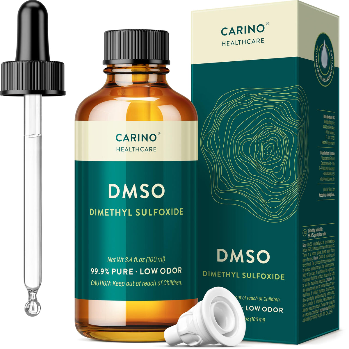 Bottle of DMSO with dropper and packaging on a white background