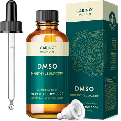 Bottle of DMSO with dropper and packaging on a white background