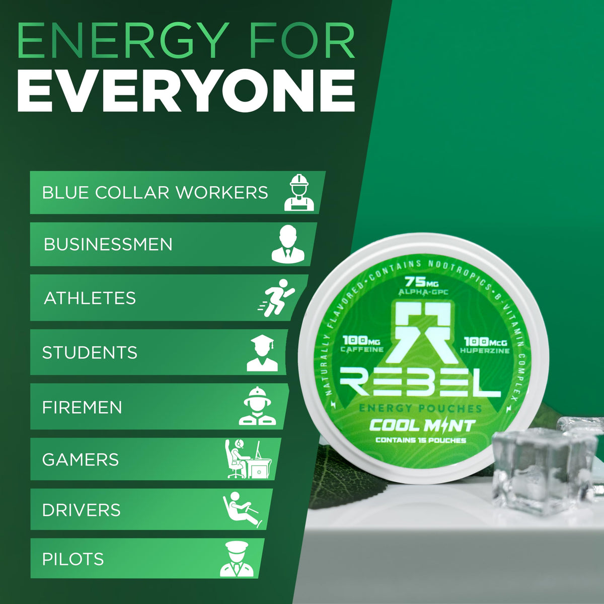 Rebel Nootropic Energy Caffeine Pouches (Cool Mint) • 100mg Caffeine • Alpha GPC • Huperzine A & Essential Vitamins • Sugar-Free • Coconut Fiber Technology • 15 Pouches Per Can (Pack of 4) Rebel SupplementsBuy Supplements Australia