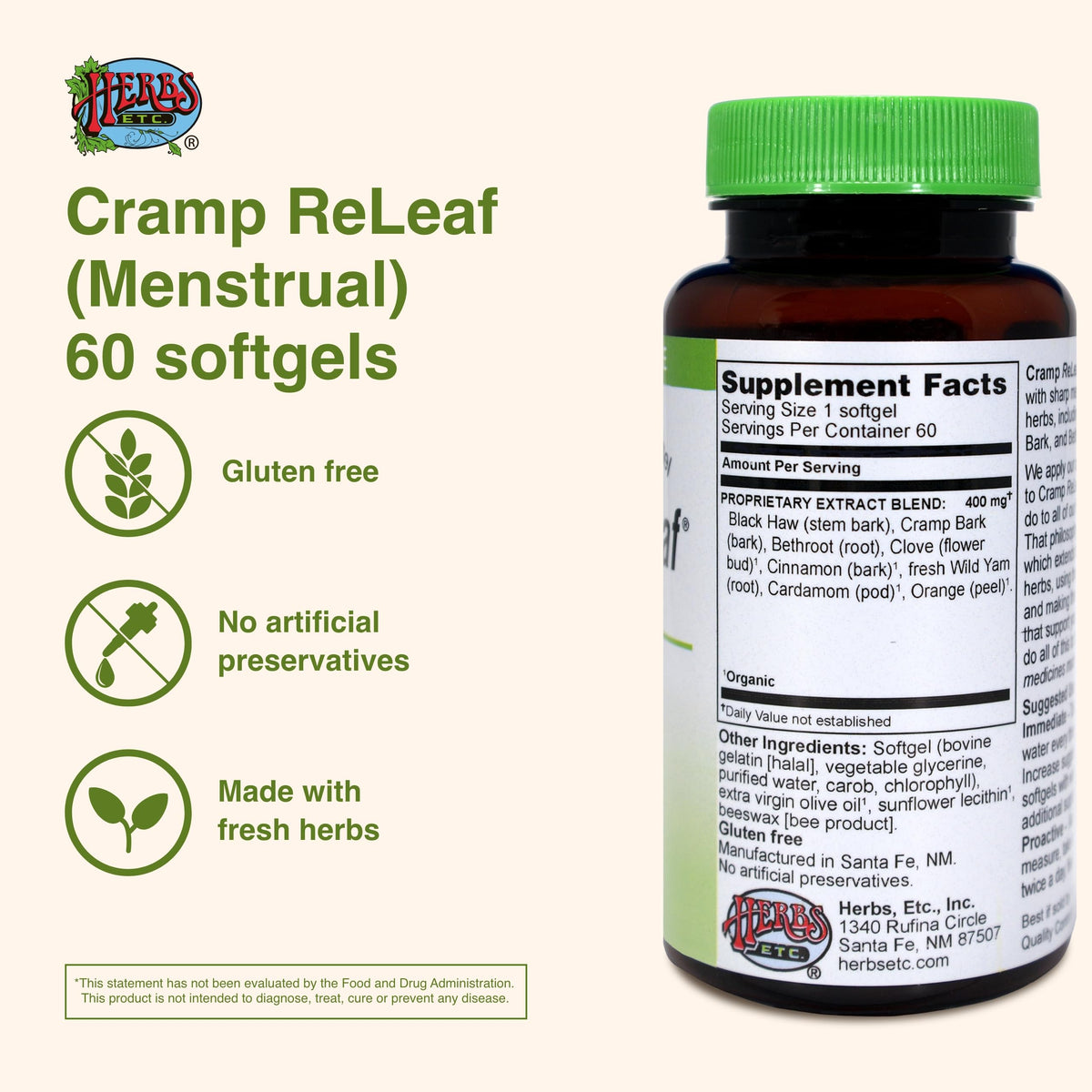 Herbs Etc. Cramp ReLeaf (Menstrual) - Abdominal Muscle Support - Herbal Supplement to Aid Menstrual Health - Period Cramp Support with Black Haw, Cramp Bark and Bethroot - 60 Softgels (60 Servings) Herbs Etc.Buy Supplements Australia
