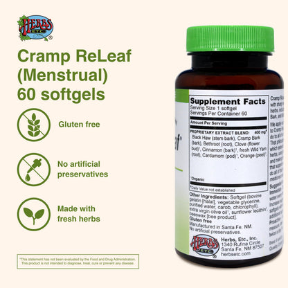 Herbs Etc. Cramp ReLeaf (Menstrual) - Abdominal Muscle Support - Herbal Supplement to Aid Menstrual Health - Period Cramp Support with Black Haw, Cramp Bark and Bethroot - 60 Softgels (60 Servings) Herbs Etc.Buy Supplements Australia