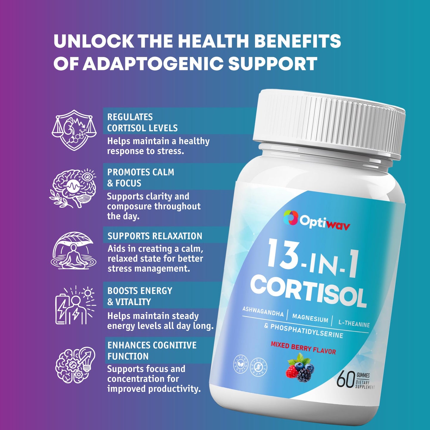 Optiwav Cortisol Reducer Gummies for Women Men - 13-in-1 Daily Cortisol Detox Manager Supports Stress Mood Balance Focus & Health Balance - Reduce High Cortisol with Ashwagandha Magnesium L-Theanine OptiwavBuy Supplements Australia