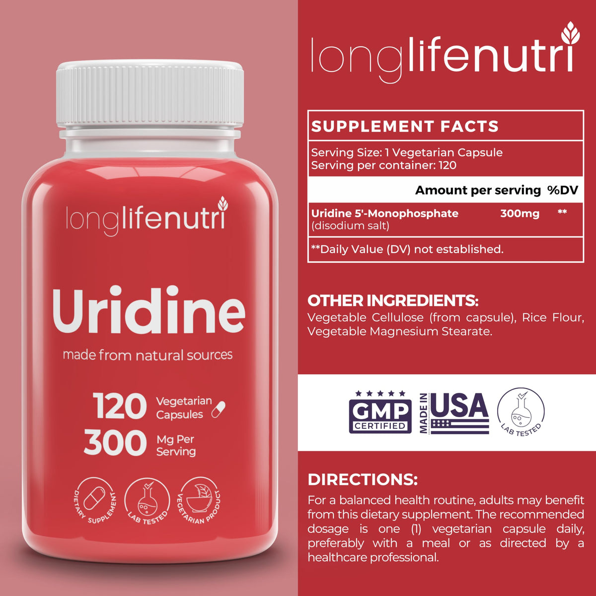 LongLifeNutri Uridine Monophosphate 300mg – Choline Precursor & Synaptic Function, Nootropic for Focus & Mental Performance, 120 Vegetarian Capsules, 4-Month Supply, GMP Certified, Made in USA LongLifeNutriBuy Supplements Australia