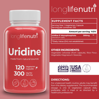 LongLifeNutri Uridine Monophosphate 300mg – Choline Precursor & Synaptic Function, Nootropic for Focus & Mental Performance, 120 Vegetarian Capsules, 4-Month Supply, GMP Certified, Made in USA LongLifeNutriBuy Supplements Australia