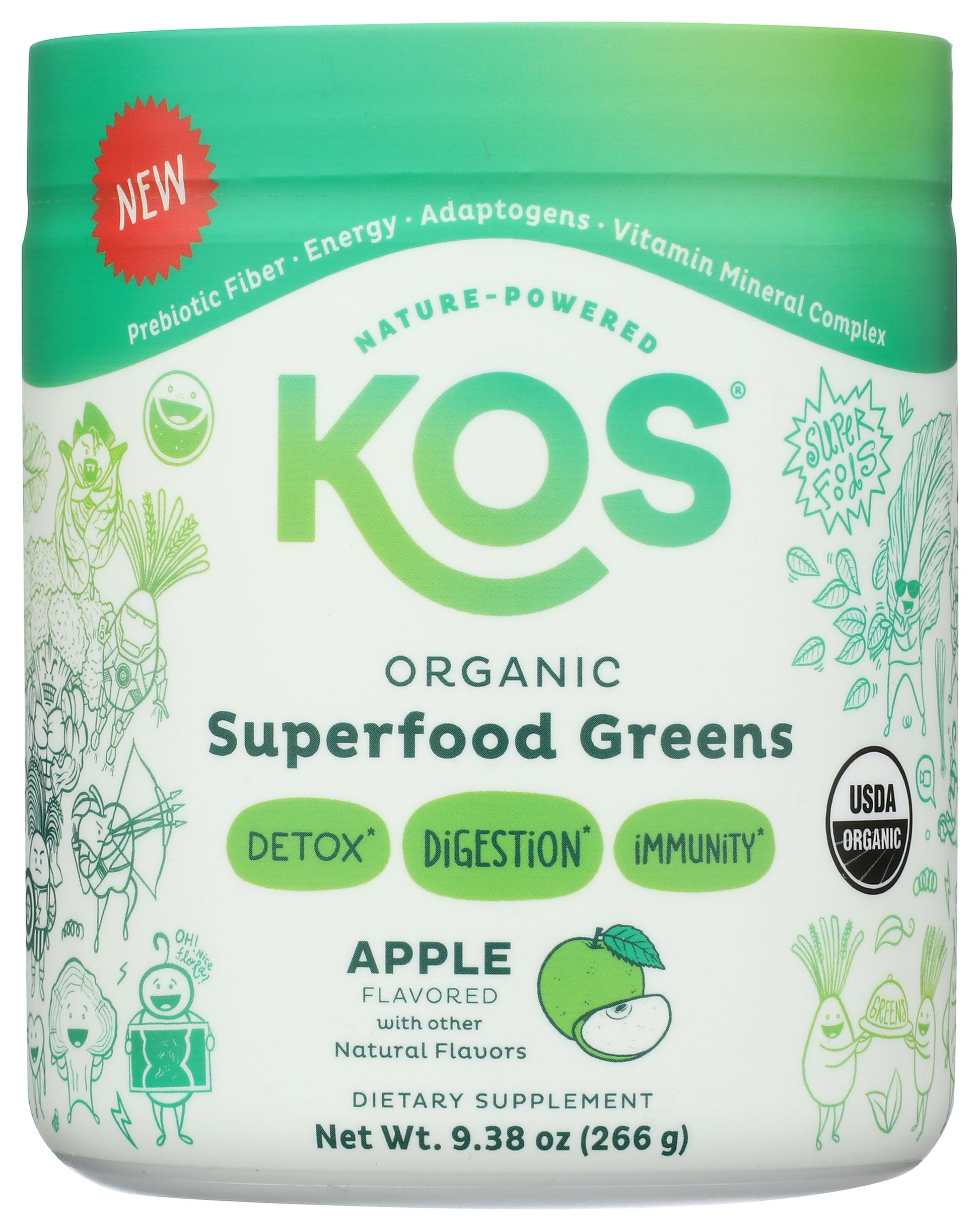 KOS Organic Super Greens Powder Erythritol Free - Plant Based Superfood Blend with Spirulina, Chlorella & Wheatgrass - USDA Certified Organic, Green Juice Smoothie - Apple Flavor - 28 Servings KOS buy supplements Au