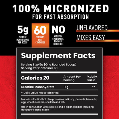 Body Fortress 100% Creatine Monohydrate Powder - Unflavored Micronized Creatine Supplement for Muscle Growth, Strength & Recovery, Pre Workout & Post Workout