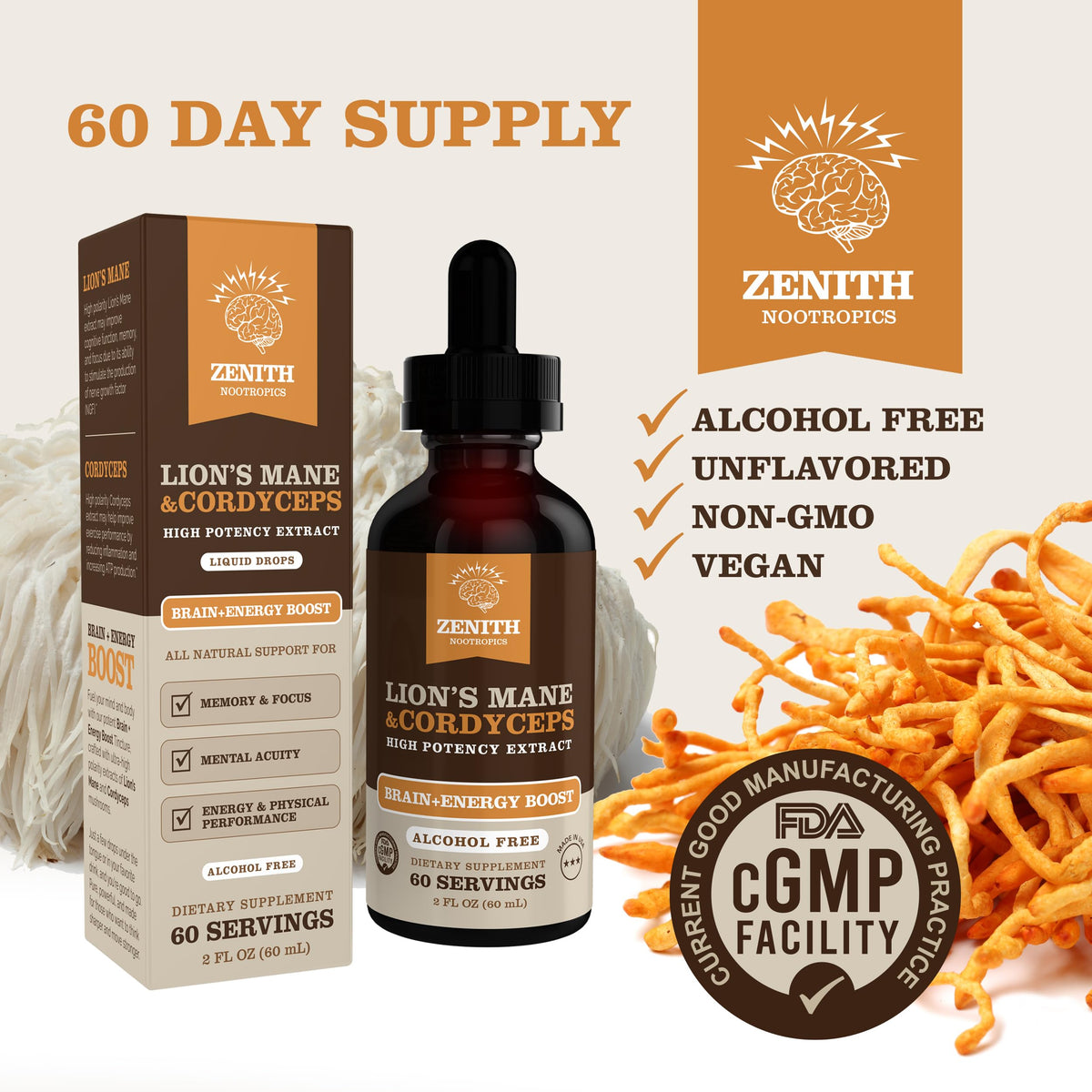 Zenith Nootropics Lion’s Mane & Cordyceps Supplement – Brain & Energy Support – Focus, Memory, Clarity, Immunity – Vegan, Alcohol-Free Tincture – Up-to 2-Month Supply, 2 fl oz Zenith NootropicsBuy Supplements Australia