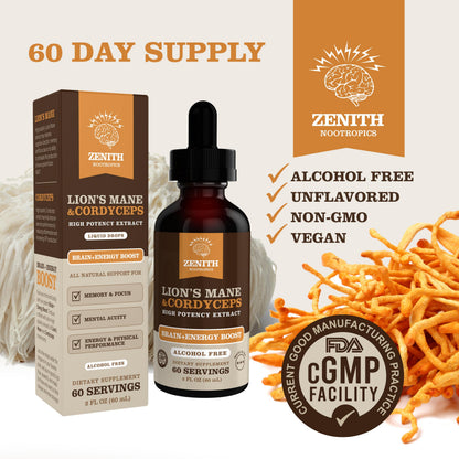 Zenith Nootropics Lion’s Mane & Cordyceps Supplement – Brain & Energy Support – Focus, Memory, Clarity, Immunity – Vegan, Alcohol-Free Tincture – Up-to 2-Month Supply, 2 fl oz Zenith NootropicsBuy Supplements Australia