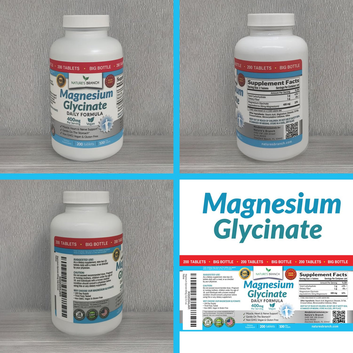 Magnesium Glycinate 400mg | 200 Tablets | High Absorption Mag Supplements for Sleep, Leg Cramps, Heart, Muscle, Calm | Non Buffered Bisglycinate, Extra Strength for Women and Men, Tablets Not Capsules NATURE'S BRANCHBuy Supplements Australia