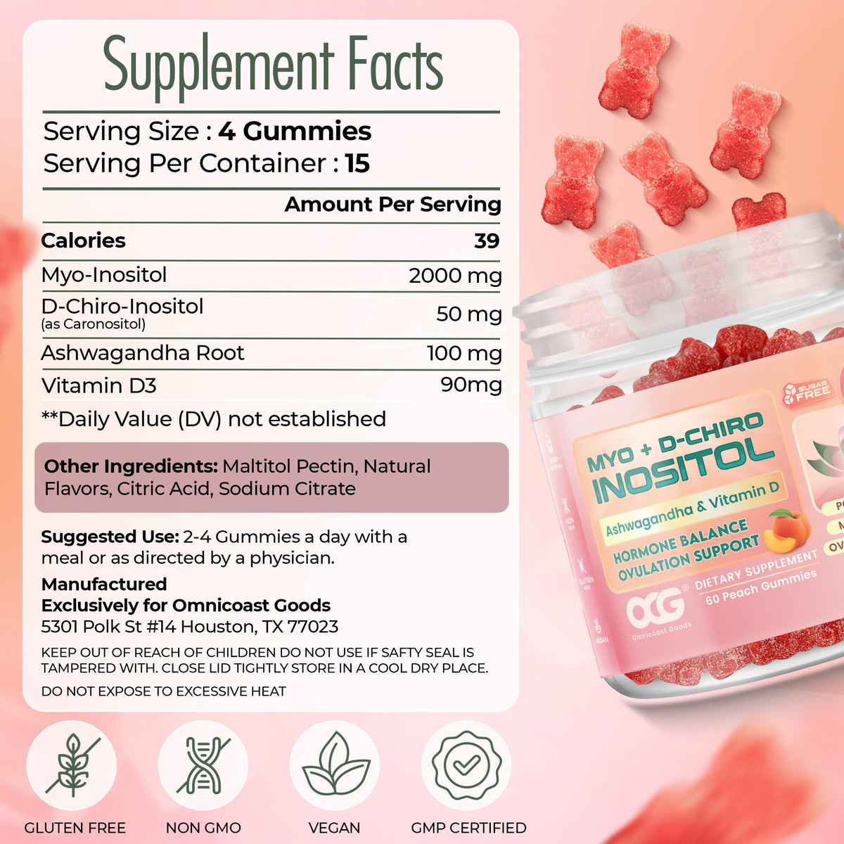 OMNICOAST GOODS, OCG Myo-Inositol & D-Chiro Inositol Gummies with Ashwagandha | PCOS Support | Ovulation & Mood Support, 40:1 Ratio Inositol for Hormone Balance, Sugar-Free, Non-GMO (60 Gummies) OMNICOAST GOODS, OCGBuy Supplements Australia