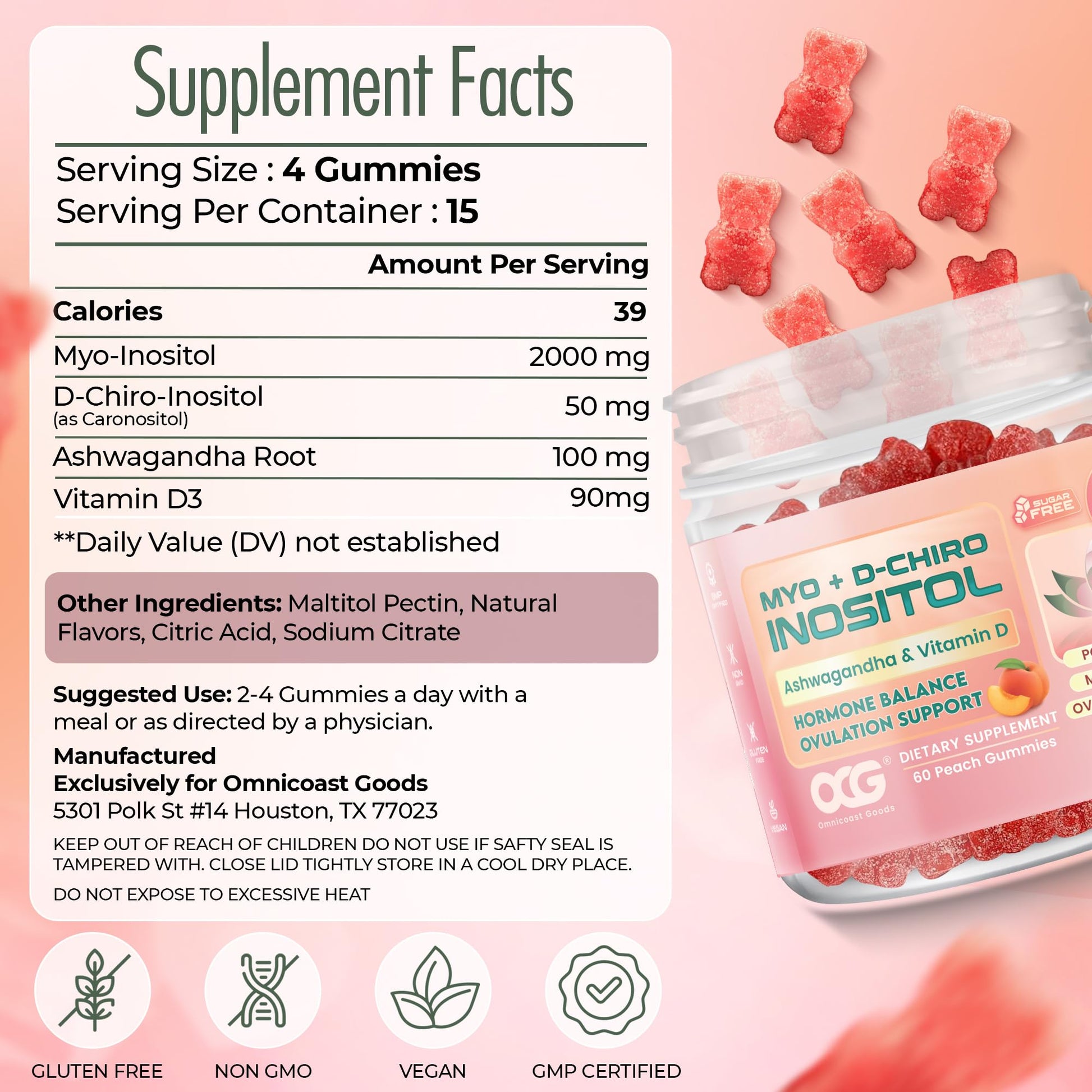 OMNICOAST GOODS, OCG Myo-Inositol & D-Chiro Inositol Gummies with Ashwagandha | PCOS Support | Ovulation & Mood Support, 40:1 Ratio Inositol for Hormone Balance, Sugar-Free, Non-GMO (60 Gummies) OMNICOAST GOODS, OCGBuy Supplements Australia