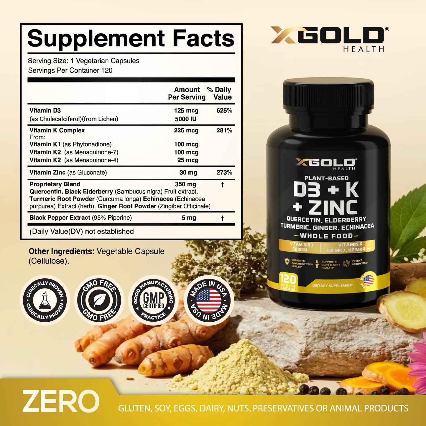 Vitamin D, K2, K1, Zinc, Quercetin, Elderberry, Turmeric, Ginger & Echinacea Whole Food Supplement 8 in 1- D3 5000 IU Plant-Based from Lichen, Vitamin K (K2 MK7, MK4, K1) X Gold Health canada supplements