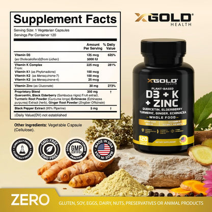 Vitamin D, K2, K1, Zinc, Quercetin, Elderberry, Turmeric, Ginger & Echinacea Whole Food Supplement 8 in 1- D3 5000 IU Plant-Based from Lichen, Vitamin K (K2 MK7, MK4, K1) X Gold Health canada supplements