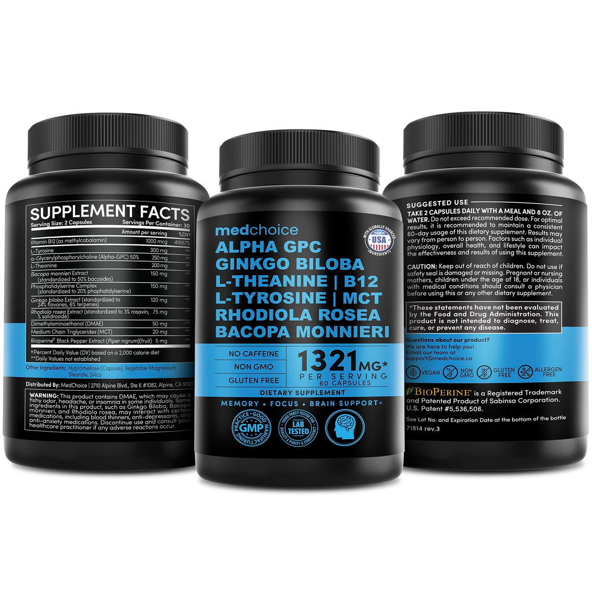 12-in-1 Nootropic Brain Supplement Anhydrous: Ginkgo Biloba for Brain Support, Memory and Focus - B12, Alpha GPC, L Theanine and Choline Supplements with Bioperine Non Caffeinated 1321mg (60ct) MEDCHOICEBuy Supplements Australia