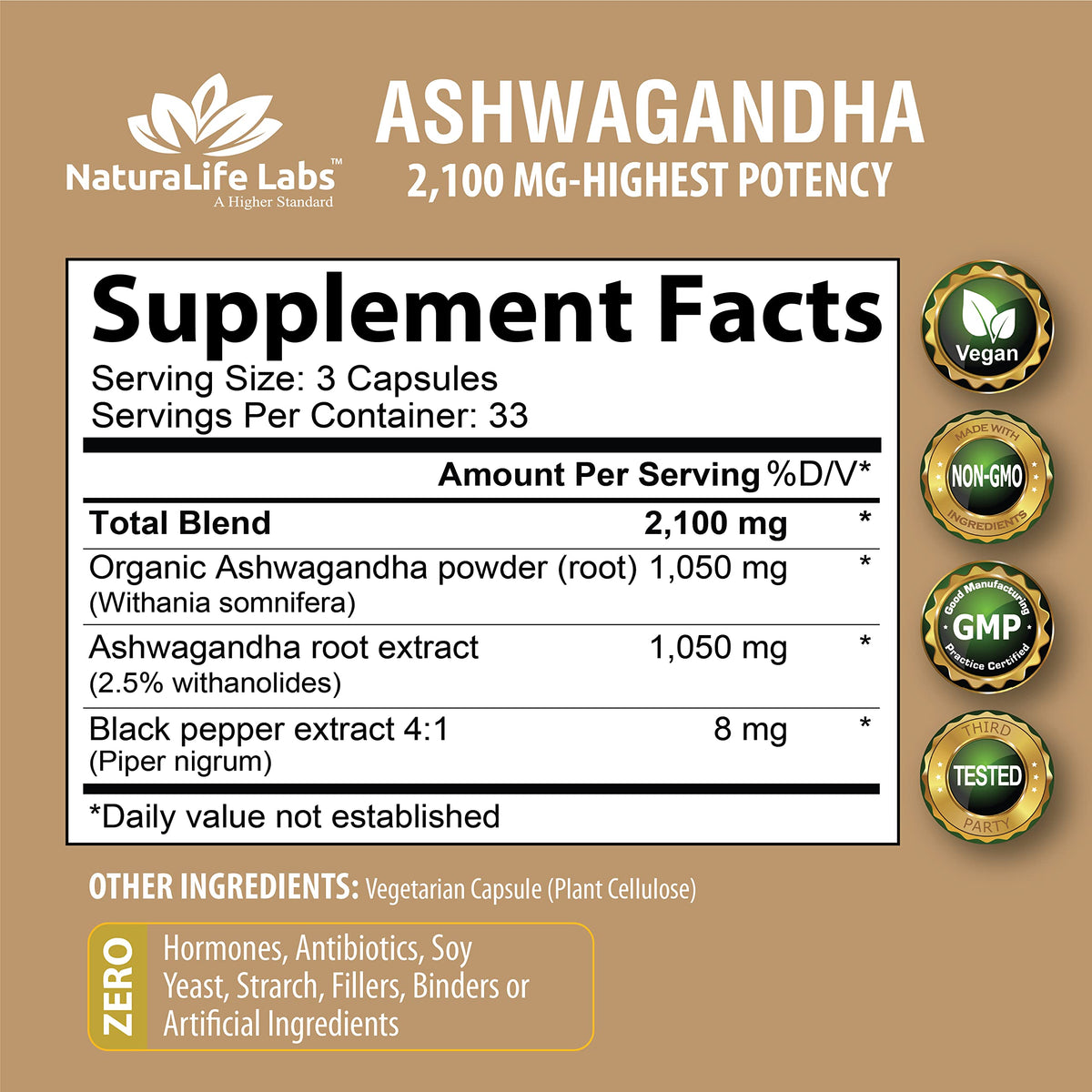 Organic Ashwagandha 2,100 mg - 100 Vegan Capsules Pure Organic Ashwagandha Powder NaturaLife Labs A Higher StandardBuy Supplements Australia
