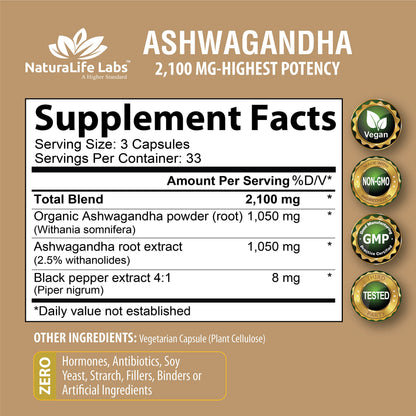Organic Ashwagandha 2,100 mg - 100 Vegan Capsules Pure Organic Ashwagandha Powder NaturaLife Labs A Higher StandardBuy Supplements Australia