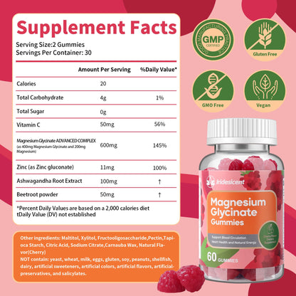 IRIDESICENT Magnesium Glycinate Gummies 400mg, Sugar Free Magnesium Supplement w/Ashwagandha, Zinc, Vegan Magnesium Glycinate Supplement for Adults - 120 Cherry Gummies IRIDESICENTBuy Supplements Australia
